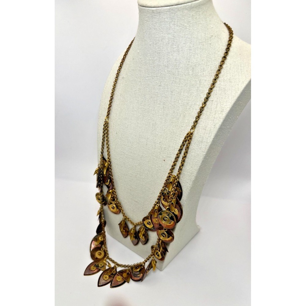 Vintage Brass Statement Necklace Layered Dangle‎ Boho Tribal Artisan Brutalist